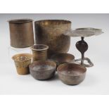 A Benares brass cobra stand, three Persian engraved bowls and other brassware