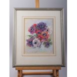 M W: pastels, still life of anemones, 9 1/2" x 8", in silvered strip frame