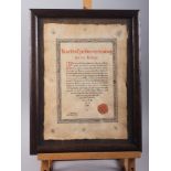A German framed document, card game rules for Kibitze, bearing wax seal and date "1565", 13" x 9",