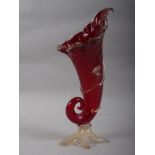 A Venetian ruby and gilt decorated glass cornucopia, 9 1/4" high (slight chip to foot)