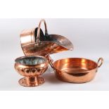 A 19th century copper coal shute, a two-handled copper pan, 14" dia, and a copper pedestal bowl