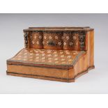 A late 19th century kingwood and parquetry decorated writing box with gilt metal mounts, interior