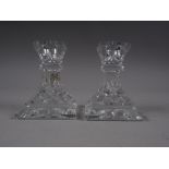 A pair of Waterford squat candlesticks, on square bases, 4" high