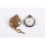 A yellow metal cased open faced fob watch and a silver cased open faced fob watch (both as found)