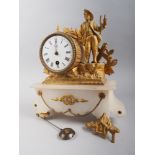 A late 19th century gilt metal mounted mantel clock with enamel dial and figure surmount, 10 1/2"