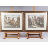 A pair of pencil signed coloured prints on silk, Rothenburg der Tauber street scenes, 13" x 16",