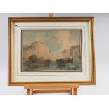 Percy Lancaster: watercolours, river landscape with gorge and cliffs, 9" x 13", in gilt frame