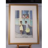 Scott: watercolours, Caribbean family, 23 1/2" x 14 1/2", in wash line mount and gilt frame