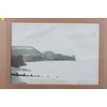 H B Mairland: watercolours, coastal scene with distant cliffs, 9 1/2" x 13 1/2"