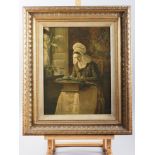 A 19th century oleograph laid on canvas, Continental lacemaker, 15 1/2" x 12", in gilt frame
