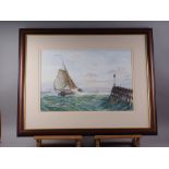 S Scott: watercolours, fishing smack leaving harbour, 16 1/22 x 24", in polished as mahogany frame