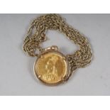 A Victorian 1889 gold sovereign, mounted as a pendant on 9ct rope twist chain, 20.3g approx