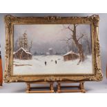 N H Christiansen: oil on paper laid on board, winter scene with distant windmill, 22 1/4" x 35",