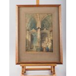 Circle of Samuel Prout: watercolours, Gothic church interior, 13 1/2" x 9 1/4", in oak strip frame