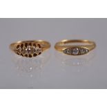 An 18ct gold dress ring, set five graduated diamonds, size K, 2.7g, and another similar, size L, 2.