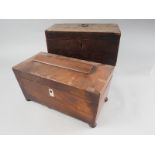 A mahogany sarcophagus shaped tea caddy, 12" wide, another mahogany and banded tea caddy, 11 1/4"