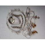 A fine silver chain set baroque pearl pendant, three similar chains, a necklace, a similar long link