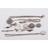 A Victorian Aesthetic design silver locket, on chain, a white metal Albertina watch chain, a