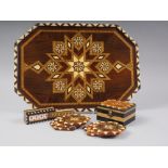 An octagonal "Granada Ware" marquetry tray, 16" wide, a number of coasters and a dice