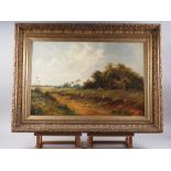 H K Foster: oil on canvas landscape with figures picnicking, 19 1/2" x 29 1/2", in deep gilt swept