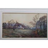 George Haite: watercolours, landscape with figures in manor house, 4 7/8" x 8 3/4", in wash line