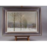 Brian Roxby ROI: oil on board, "Winter Landscape", 15 1/2" x 23 1/2", Mall Gallery label verso, in