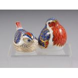 A Crown Derby Imari robin paperweight with silver stopper and a companion goldcrest paperweight with