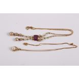 An amethyst and simulated pearl mounted necklace, stamped 9ct, and a 9ct gold, pearl and diamond