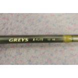 A Greys X Flite 10ft fishing rod, in green canvas carry case a similar 8ft 6in rod and case, and a