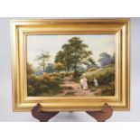 Godet?: oil on board, figures on a path, 9 1/4" x 13", in gilt strip frame