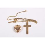 A 9ct gold cross, 2.4g, a yellow metal necklace, stamped 15ct, 4g, and a 9ct gold heart-shaped