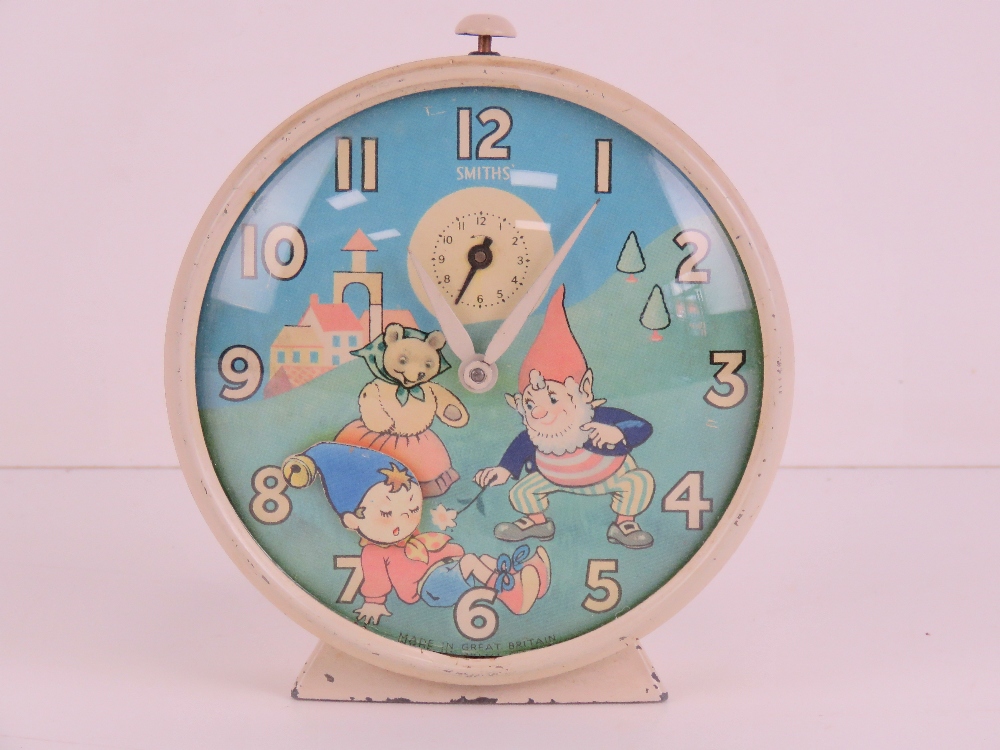 A Smiths Noddy alarm clock c1960s having 'nodding' Noddy to the 10cm dial.