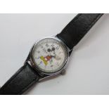 A Disney Mickey Mouse watch having white dial with black leather strap.