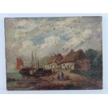 Oil on canvas signed J B Davis, fishing boats on shore, thatched cottages, trees and sky beyond, 40.