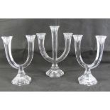 A pair of Nachtmann twin branch glass candelabra, each standing 24cm high,