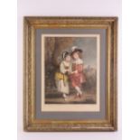 Coloured print; young boy and girl in rustic setting, signed in pencil lower right John Cother Webb,