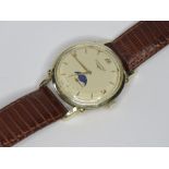 A 14ct gold Longines 1951 Moonphase wristwatch, cream dial with yellow metal hands and batons,