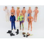 Eight assorted Ken dolls together with a Westlife Doll, also with seven pairs of shoes and army hat.