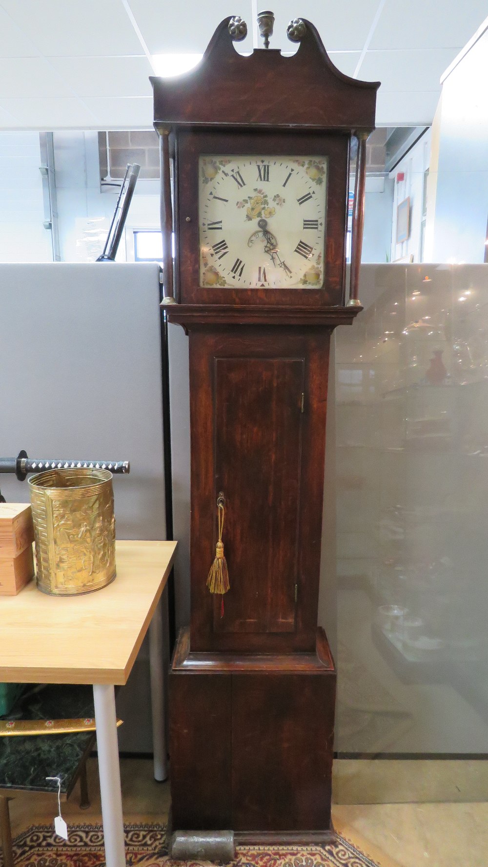 A good 30 hour long case clock having square shaped painted dial, 11" wide with subsidiary aperture,