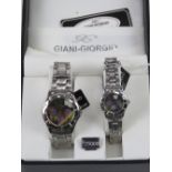 A 'His and Hers' stainless steel gents wristwatch and ladies wristwatch set, in presentation box.