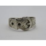 A silver ring in the form of a belt and buckle, hallmarked for Birmingham, size M.