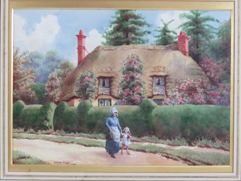 Watercolour; thatched cottage with rose trees, figures before, signed lower left OEM Cliffe 1918(?), - Image 2 of 5