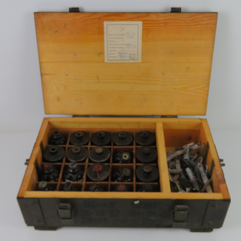 Twenty inert F1 Limonka and RG42 training grenades, in wooden transit case.