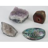 Three geodes together with an abalone sh