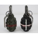 Two inert F1 Limonka training grenades with fuses.