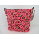 A fabric tote bag having owl pattern in orangy pink 'as new', approx 38 x 34cm.
