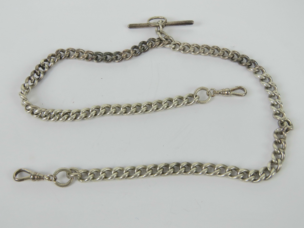 A HM silver watch chain having two clasps and T-bar, hallmarks to chain and T-bar, 49cm in length,