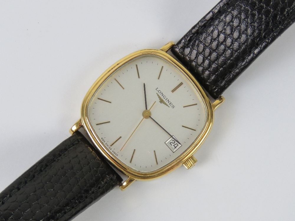 A c1980s Longines gold plated wristwatch on black reptile calf strap, with box and papers. - Image 2 of 6