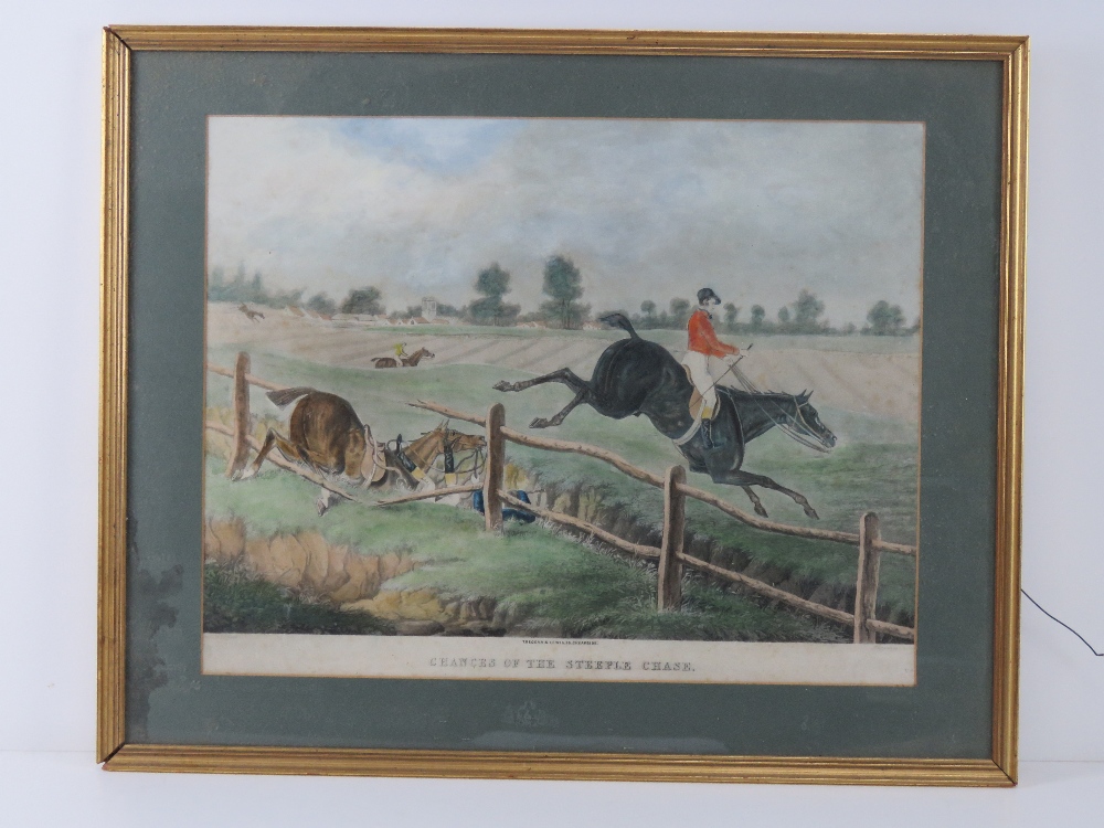 Print; Chances of the Steeplechase by J Pollard, hand tinted, 37 x 47cm, framed and mounted.