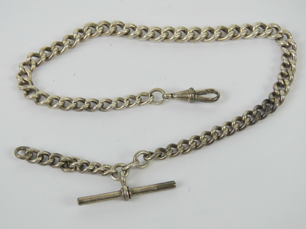 A HM silver watch chain having clasp and T-bar, hallmarks throughout, 37cm in length, 1.43ozt.